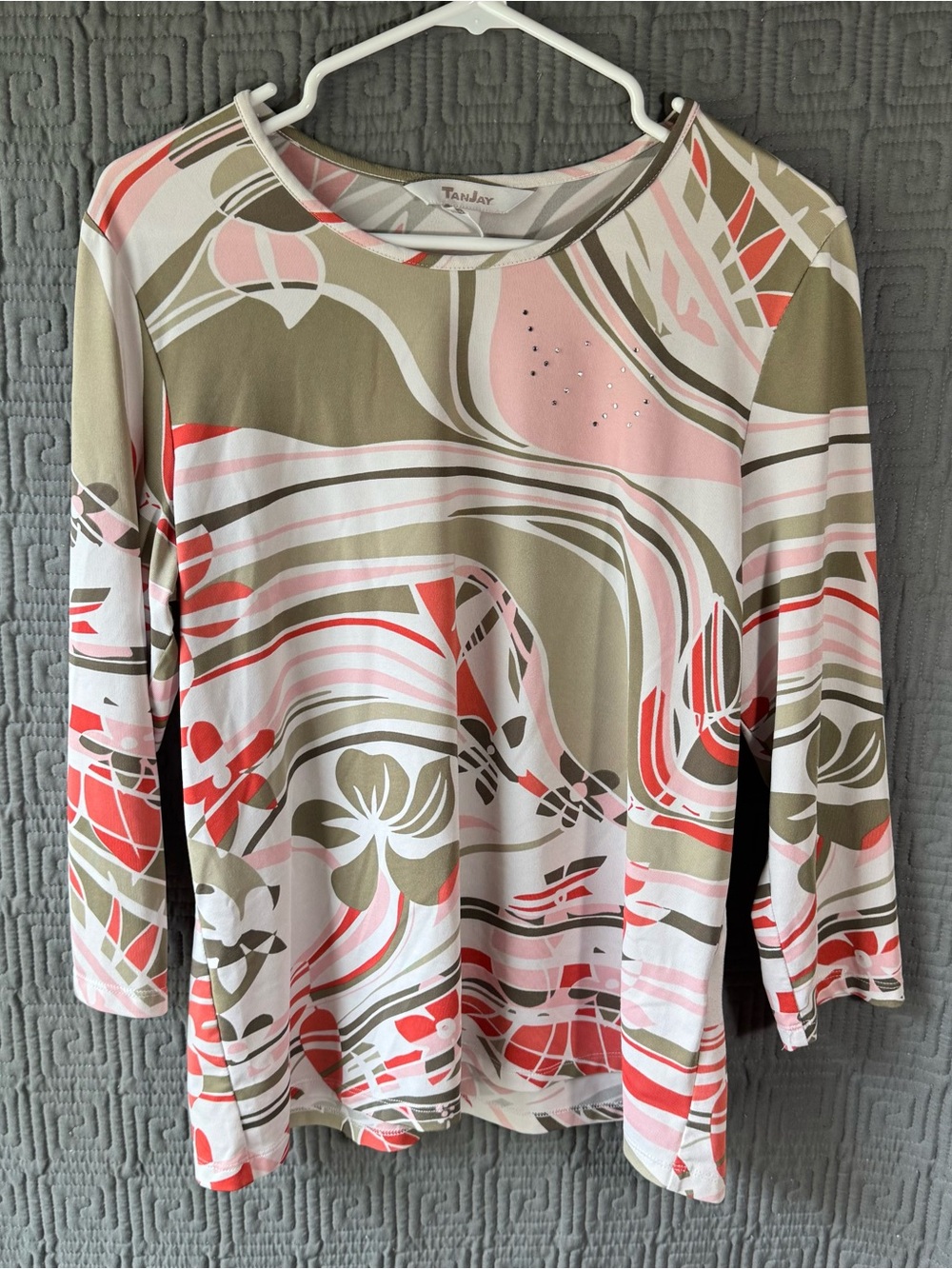Tanjay Medium Vintage 3/4 Sleeve Top Abstract Swirled Floral Pink Coral Olive M